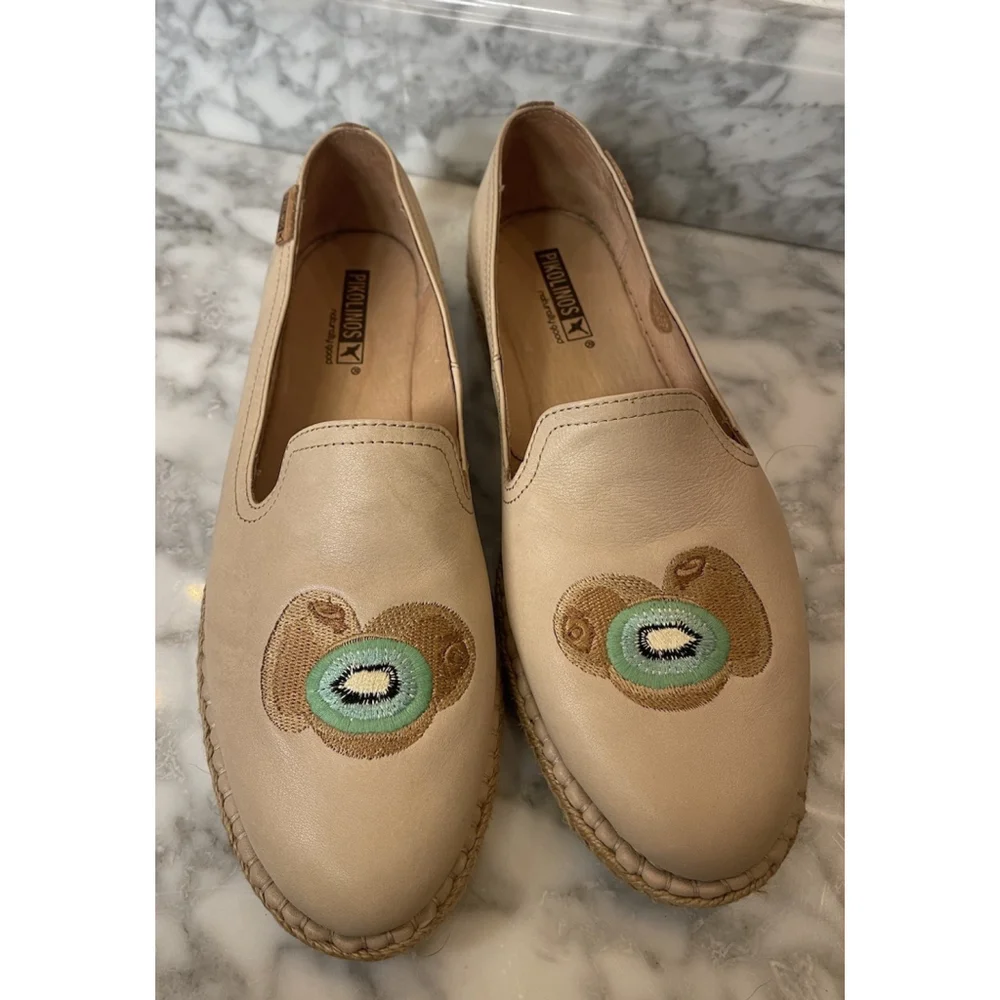 Pikolinos Women’s Leather Espadrille Loafers Size 42 Kiwi Fruit Embroidered